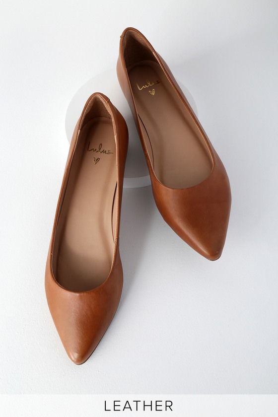 Lulus | Holly Leather Cognac Pointed Toe Flats | Size 7.5