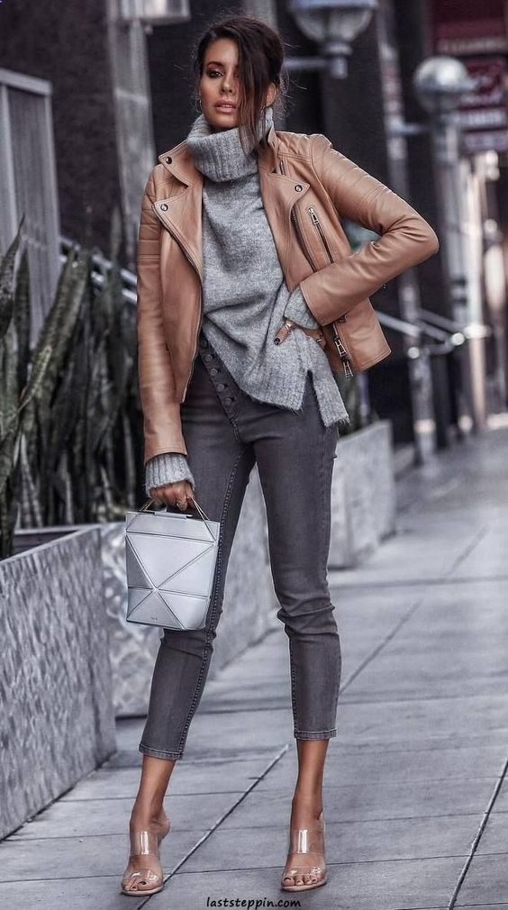 what to wear with skinny jeans : brown leather jacket bag heels knit sweater