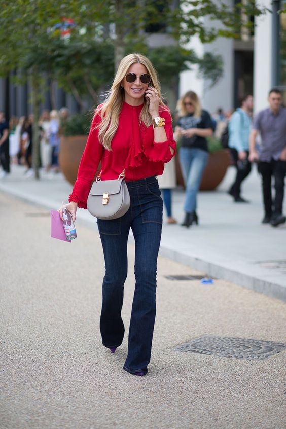 Jennifer Fisher weekend chic wearing a red chiffon blouse and wide legged jeans w/ Chloe bag - London Fashion Week #StreetStyle Spring 2016