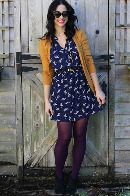 Yellow/mustard with navy blue.. flattering fit...I would wear a print but not horses... I would switch out the leggings/tights for a different color in the fall/winter or go without during the spring/summer-Andrea