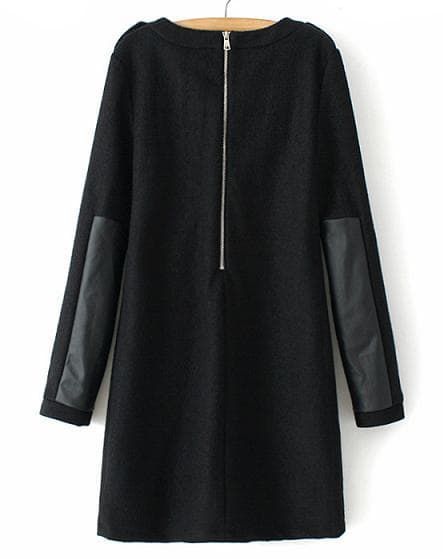 Black Long Sleeve Contrast PU Leather Zipper Dress | SHEIN
