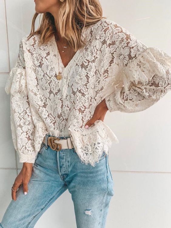 Casual Sexy Deep V Neck Hollow Out Lace Shirt - mixpia.com