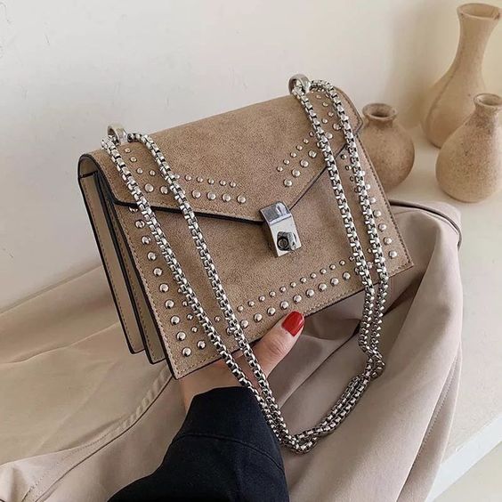 NEW Taupe Rivet Crossbody Chain Purse