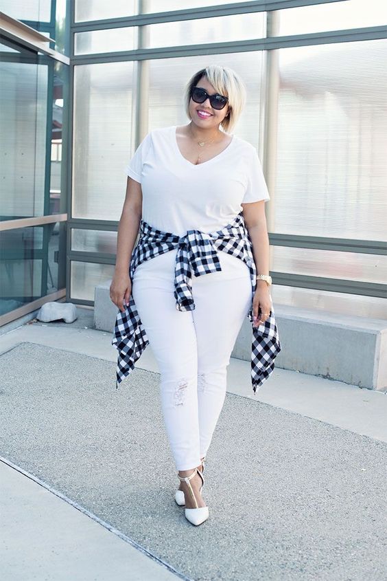 A monochromatic white look gets a playful punch with gingham.Click through to shop the look.