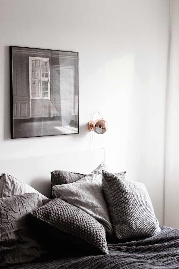 подушки, спальня, серый, декор интерьера, дизайн