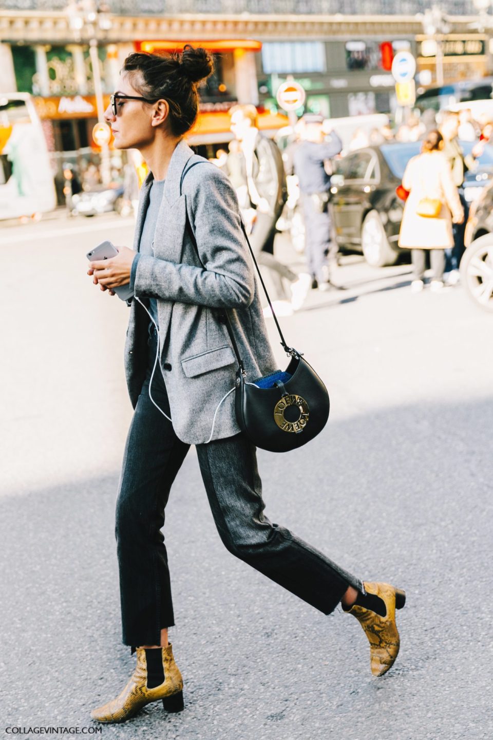 grey jacket, yellow boots